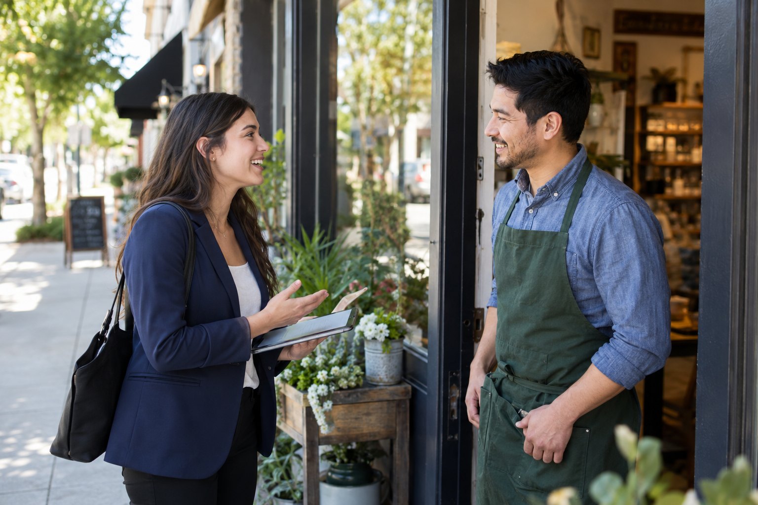 A young adult learner introducing herself to a local shop owner outside his business