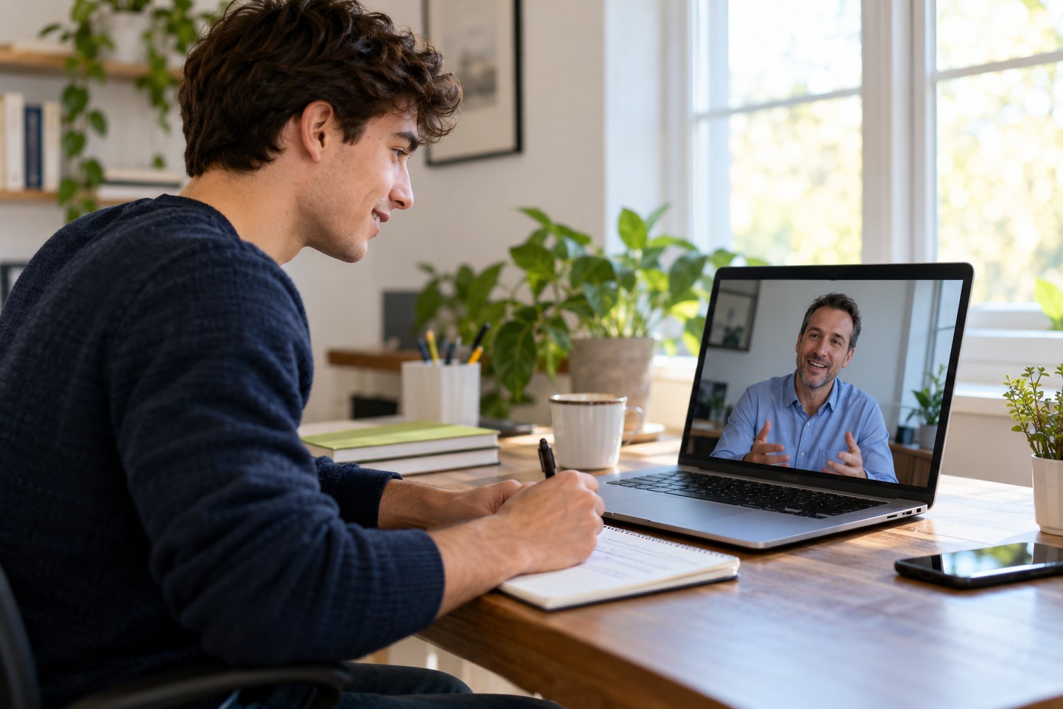 A young adult learner taking notes during an online one-to-one coaching session